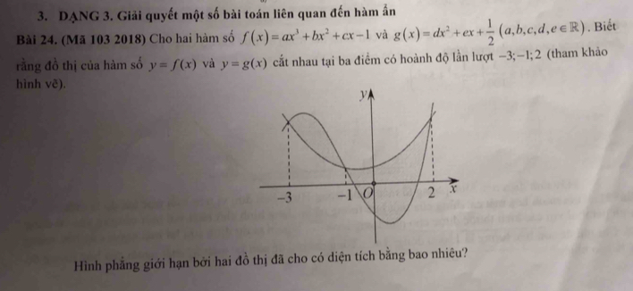 DANG 3. Giải quyết một số bài toán liên quan đến hàm ấn 
Bài 24. (Mã 103 2018) Cho hai hàm số f(x)=ax^3+bx^2+cx-1 và g(x)=dx^2+ex+ 1/2 (a,b,c,d,e∈ R). Biết 
rằng đồ thị của hàm số y=f(x) và y=g(x) cất nhau tại ba điểm có hoành độ lần lượt −3; -1; 2 (tham khảo 
hình vẽ). 
Hình phẳng giới hạn bởi hai đồ thị đã cho có diện tích bằng bao nhiêu?