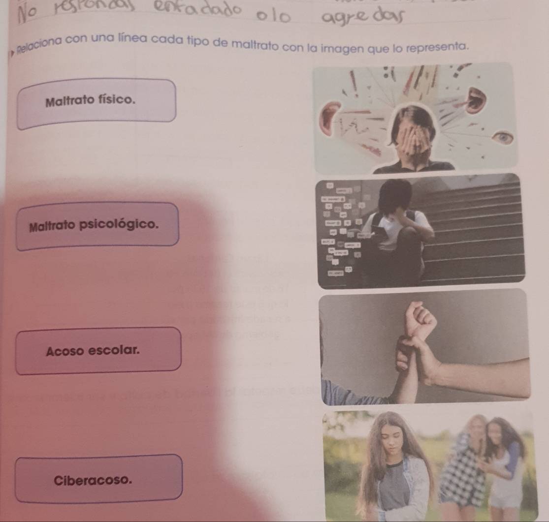 Relaciona con una línea cada tipo de maltrato con la imagen que lo representa.
Maltrato físico.
Maltrato psicológico.
Acoso escolar.
Ciberacoso.