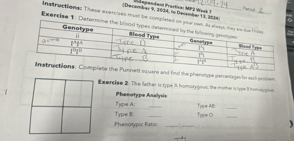 Date.
Independent Practice; MP2 Week 7
Period:
(December 9, 2024, to December 13, 2024)
Instructions: These exercises must be comp
Exercise 1: Det
e and find the phenotype percentages for each problem.
Exercise 2: The father is type A homozygous; the mother is type B homozygous.
Phenotype Analysis:
Type A: _Type AB:_
Type B: _Type O:
_
Phenotypic Ratio: _:_
Ao