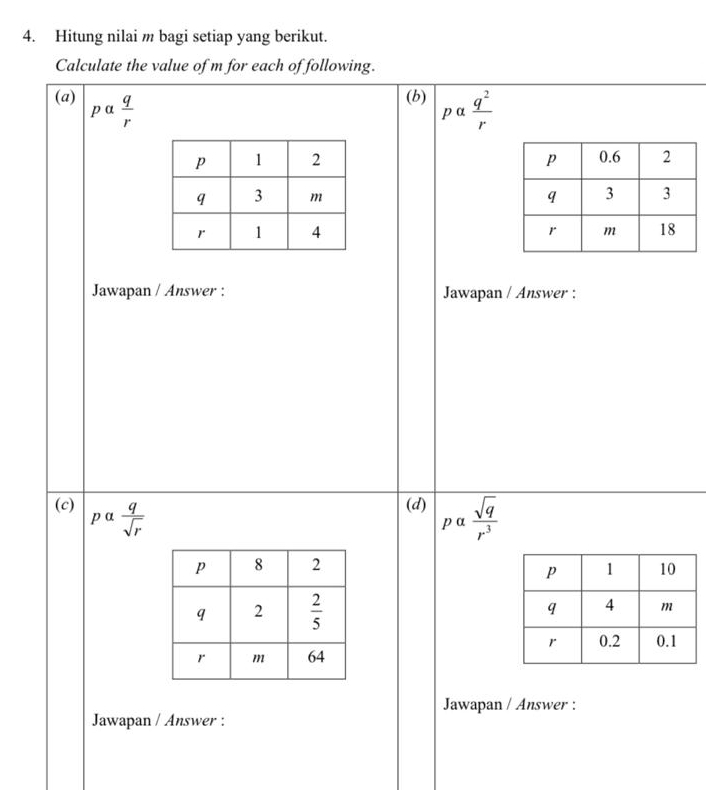 Hitung nilai m bagi setiap yang berikut.
Calculate the value of m for each of following.
(a) palpha  q/r 
(b) pa q^2/r 

Jawapan / Answer : Jawapan / Answer :
(c) pa q/sqrt(r) 
(d) palpha  sqrt(q)/r^3 

Jawapan / Answer :
Jawapan / Answer :