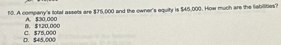 A company's total assets are $75,000 and the owner's equity is $45,000. How much are the liabilities?
A. $30,000
B. $120,000
C. $75,000
D. $45,000