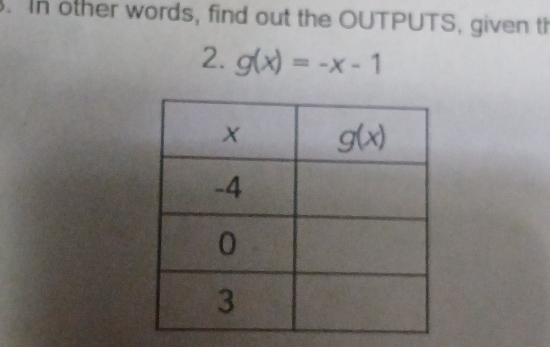 In other words, find out the OUTPUTS, given th
2. g(x)=-x-1