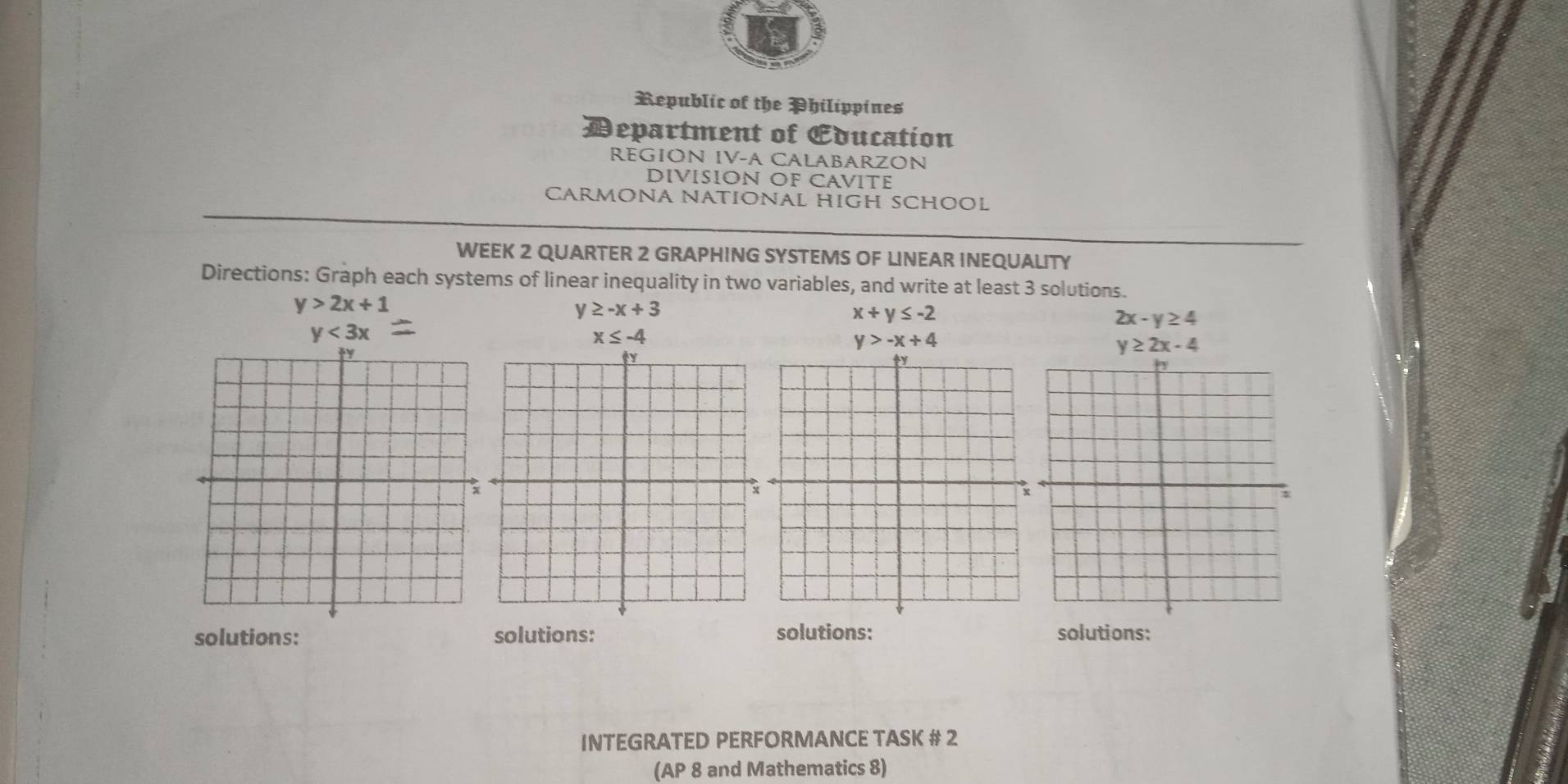 Republic of the Philippines 
Department of Education 
REGION IV-A CALABARZON 
DIVISION OF CAVITE 
CARMONA NATIONAL HIGH SCHOOL 
WEEK 2 QUARTER 2 GRAPHING SYSTEMS OF LINEAR INEQUALITY 
Directions: Graph each systems of linear inequality in two variables, and write at least 3 solutions.
y>2x+1
y≥ -x+3
x+y≤ -2
y<3x</tex>
2x-y≥ 4
x≤ -4
y>-x+4
y≥ 2x-4
solutions: solutions: solutions: solutions: 
INTEGRATED PERFORMANCE TASK # 2 
(AP 8 and Mathematics 8)