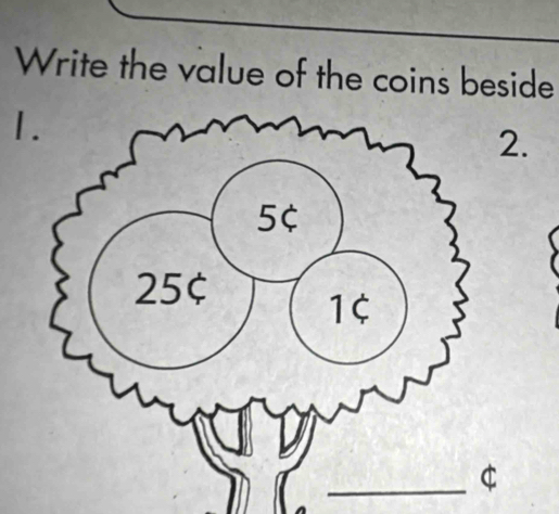 Write the value of the coins beside 
1. 
2. 
_$