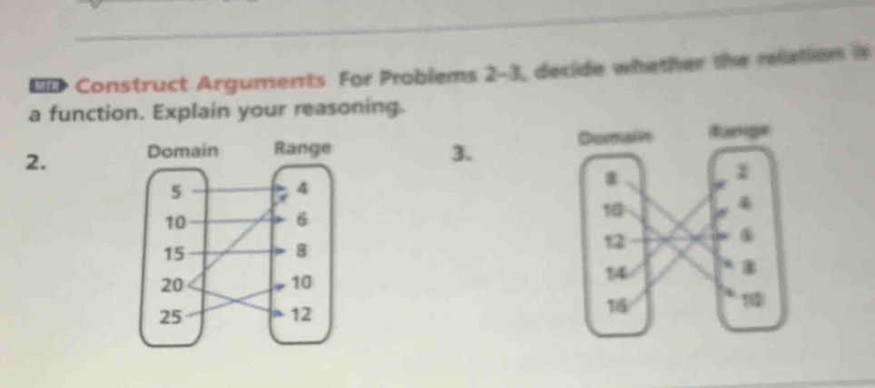 BID Construct Arguments For Problems 2-3, decide whether the relation i 
a function. Explain your reasoning. 
2. 
3.