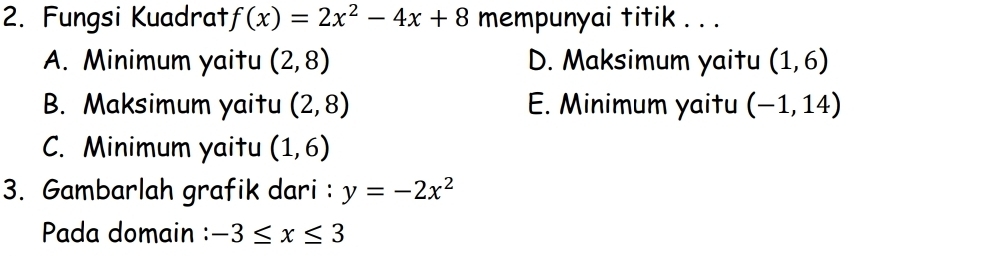 Fungsi Kuadrat f(x)=2x^2-4x+8 mempunyai titik . . .
A. Minimum yaitu (2,8) D. Maksimum yaitu (1,6)
B. Maksimum yaitu (2,8) E. Minimum yaitu (-1,14)
C. Minimum yaitu (1,6)
3. Gambarlah grafik dari : y=-2x^2
Pada domain : -3≤ x≤ 3