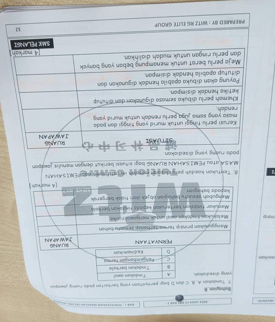 INVENTIF . - 2024 UASA F2 RBT BAB 1 - - B A B 1 : Pen yelesaian Masalan S eca r a i 
Bahagian B
7. Tandakan A, B, C dan D bagi pernyataan yang berkaitan pada ruang jawapan 
yang disediakan. 
saikan 
insip 
1 
8. Tentukan kaedah penyelesaian masalah inventif sama ada PEMISAHAN 
MASA atau PEMISAHAN RUANG bagi situasi berikut dengan menulis jawapan 
SMK PELANGI 
32 
PREPARED BY : WITZ RG ELITE GROUP