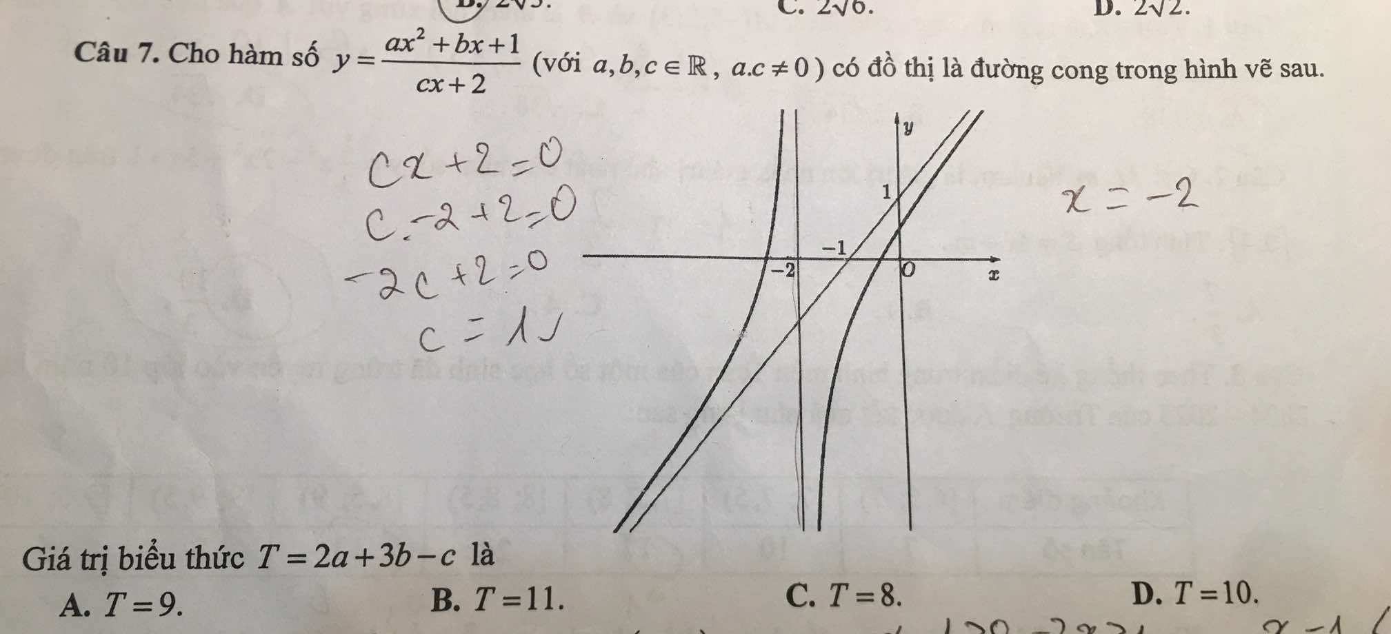 2sqrt(6). D. 2sqrt(2). 
Câu 7. Cho hàm số y= (ax^2+bx+1)/cx+2  (với a ,b,c∈ R,a.c!= 0) có đồ thị là đường cong trong hình vẽ sau.
Giá trị biểu thức T=2a+3b-c là
A. T=9. B. T=11. C. T=8. D. T=10.