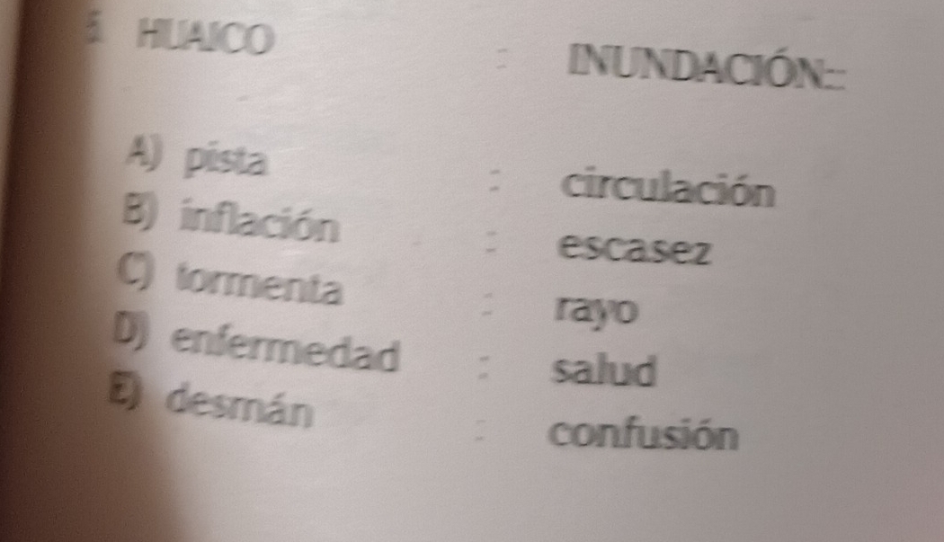 HUAICO INUNDACIÓN:: 
A) pista : circulación 
B) inflación escasez 
C) tormenta 
: rayo 
D) enfermedad ： salud 
E desmán 
: confusión