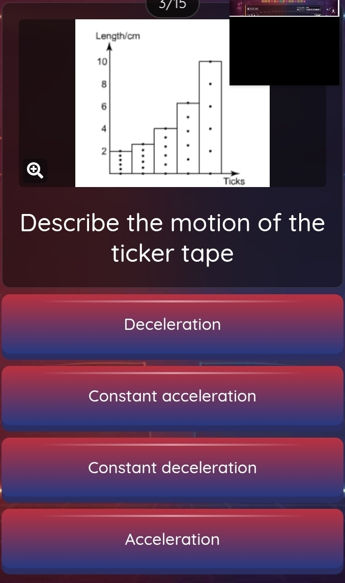 3/15 
Describe the motion of the
ticker tape
Deceleration
Constant acceleration
Constant deceleration
Acceleration