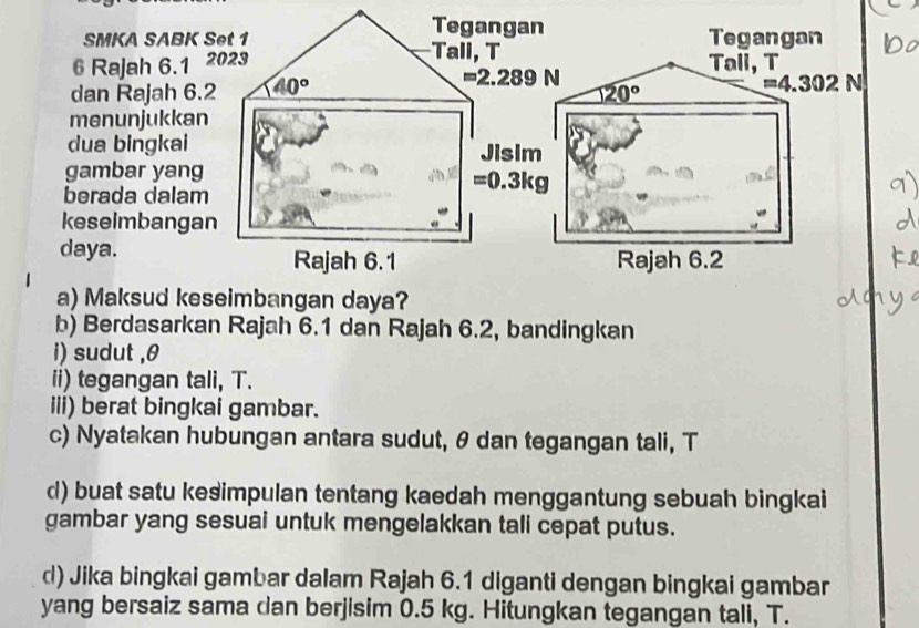 Tegangan 
SMKA SABK Set 1 Tall, T Tegangan 
6 Rajah 6.1 2023 
Tali, T 
dan Rajah 6.2 40°
=2.289N
20°
=4.302N
menunjukkan 
dua bingkai Jisim 
gambar yang 
berada dalam
=0.3kg
keseimbangan 
daya. Rajah 6.1 Rajah 6.2 
a) Maksud keseimbangan daya? 
b) Berdasarkan Rajah 6.1 dan Rajah 6.2, bandingkan 
i) sudut , θ
ii) tegangan tali, T. 
iii) berat bingkai gambar. 
c) Nyatakan hubungan antara sudut, θ dan tegangan tali, T 
d) buat satu kesimpulan tentang kaedah menggantung sebuah bingkai 
gambar yang sesuai untuk mengelakkan tali cepat putus. 
d) Jika bingkai gambar dalam Rajah 6.1 diganti dengan bingkai gambar 
yang bersaiz sama dan berjisim 0.5 kg. Hitungkan tegangan tali, T.