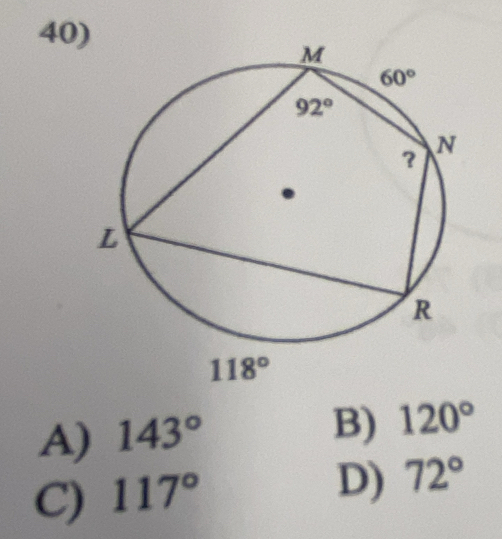 A) 143°
B) 120°
C) 117°
D) 72°