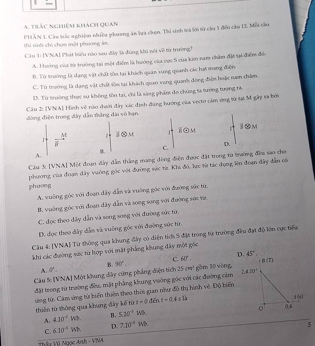 tRắC NGHIệM kháCH QUAN
PHÃN I. Câu trắc nghiệm nhiều phương án lựa chọn. Thí sinh trá lời từ câu 1 đến câu 12. Mỗi câu
thí sinh chỉ chọn một phương án.
Câu 1: [VNA] Phát biểu nào sau đây là đúng khi nói về từ trường?
A. Hướng của từ trường tại một điểm là hướng của cực S của kim nam châm đặt tại điểm đó.
B. Từ trường là dạng vật chất tồn tại khách quan xung quanh các hạt mang điện.
C. Từ trường là dạng vật chất tồn tại khách quan xung quanh dòng điện hoặc nam châm.
D. Từ trường thực sự không tồn tại, chi là sảng phẩm do chúng ta tưởng tượng ra.
Câu 2: [VNA] Hình vẽ nào dưới đây xác định đúng hướng của vectơ cảm ứng từ tại M gây ra bởi
dòng điện trong dây dẫn thắng dài vô hạn.
M
I vector Botimes M
1 vector Bodot M
1 vector BQ M
I
B
C.
D.
B.
A.
Câu 3: [VNA] Một đoạn dây dẫn thắng mang dòng điện được đặt trong từ trường đều sao cho
phương của đoạn dây vuông góc với đường sức từ. Khi đó, lực từ tác dụng lên đoạn dây dẫn có
phuong
A. vuông góc với đoạn dây dẫn và vuông góc với đường sức từ.
B. vuông góc với đoạn dây dẫn và song song với đường sức từ.
C. dọc theo dây dẫn và song song với đường sức từ.
D. dọc theo dây dẫn và vuông góc với đường sức từ.
Câu 4: [VNA] Từ thông qua khung dây có diện tích S đặt trong từ trường đều đạt độ lớn cực tiểu
khi các đường sức từ hợp với mặt phẳng khung dây một góc
↑B (T)
A. 0°. B. 90°. C. 60°. D.
45°.
Câu 5: [VNA] Một khung dây cứng phẳng diện tích 25cm^2 gồm 10 vòng,
đặt trong từ trường đều, mặt phẳng khung vuông góc với các đường cảm 2,4.10^(-3)
ứng từ. Cảm ứng từ biến thiên theo thời gian như đồ thị hình vẽ. Độ biến
thiên từ thông qua khung dây kể từ t=0 đến t=0,4sla
l(s)
A. 4.10^(-5)Wb. B. 5.10^(-5)Wb.
0 0,4
C. 6.10^(-5)Wb. D. 7.10^(-5)Wb.
5
Thầu Vũ Nao cAnh-VNA