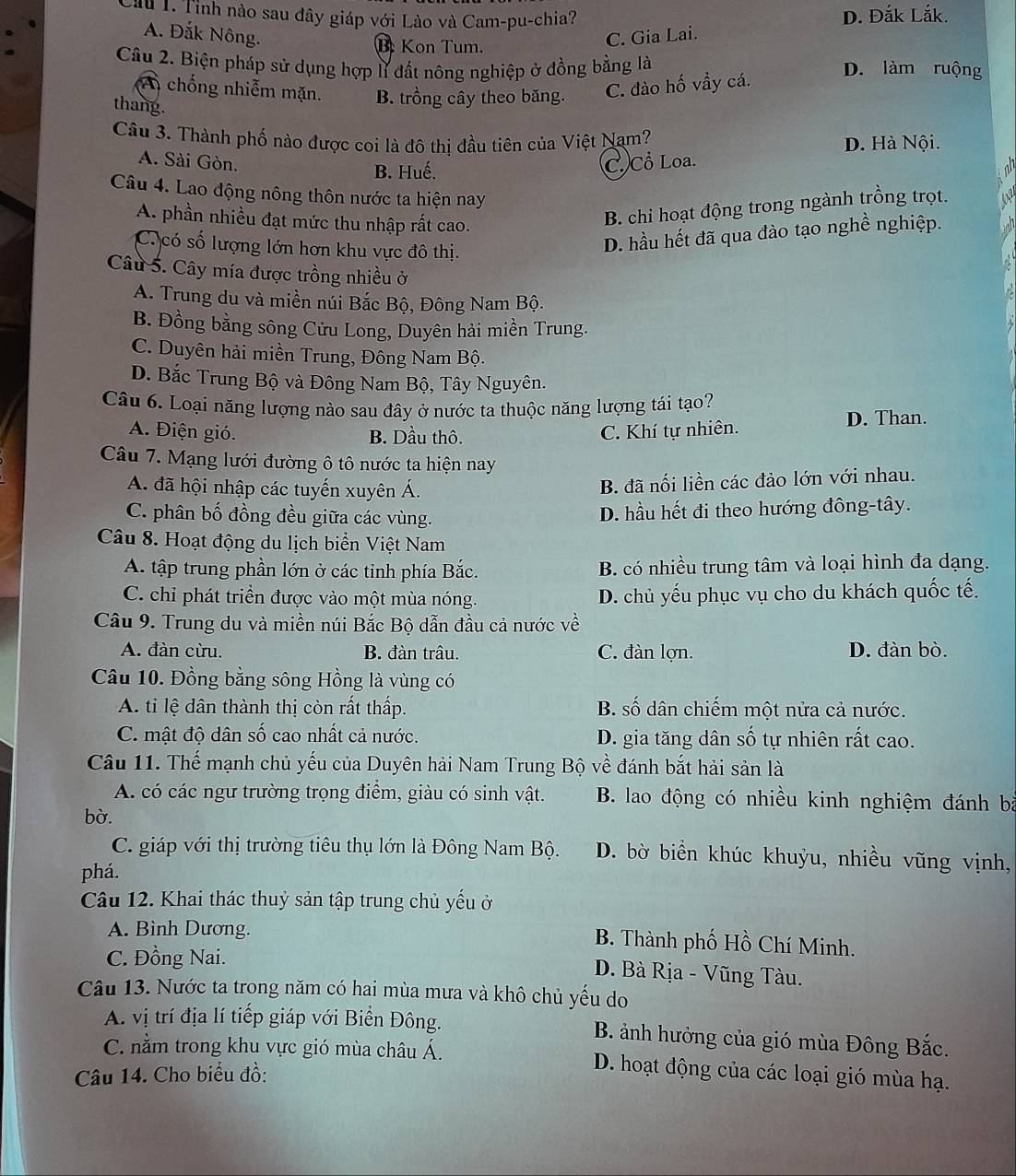 Cầu 1. Tỉnh nào sau đây giáp với Lào và Cam-pu-chia? D. Đắk Lắk.
A. Đắk Nông. C. Gia Lai.
B Kon Tum.
Câu 2. Biện pháp sử dụng hợp lǐ đất nông nghiệp ở đồng bằng là D. làm ruộng
A chống nhiễm mặn. B. trồng cây theo băng. C. đào hố vầy cá.
thang.
Câu 3. Thành phố nào được coi là đô thị đầu tiên của Việt Nam?
A. Sài Gòn. C. Cổ Loa. D. Hà Nội.
B. Huế.
Câu 4. Lao động nông thôn nước ta hiện nay
A. phần nhiều đạt mức thu nhập rất cao.
B. chỉ hoạt động trong ngành trồng trọt.
C có số lượng lớn hơn khu vực đô thị.
D. hầu hết đã qua đào tạo nghề nghiệp.
Câu 5. Cây mía được trồng nhiều ở
A. Trung du và miền núi Bắc Bộ, Đông Nam Bộ.
B. Đồng bằng sông Cửu Long, Duyên hải miền Trung.
C. Duyên hải miền Trung, Đông Nam Bộ.
D. Bắc Trung Bộ và Đông Nam Bộ, Tây Nguyên.
Câu 6. Loại năng lượng nào sau đây ở nước ta thuộc năng lượng tái tạo?
A. Điện gió. B. Dầu thô. C. Khí tự nhiên. D. Than.
Câu 7. Mạng lưới đường ô tô nước ta hiện nay
A. đã hội nhập các tuyến xuyên Á.
B. đã nối liền các đảo lớn với nhau.
C. phân bố đồng đều giữa các vùng.
D. hầu hết đi theo hướng đông-tây.
Câu 8. Hoạt động du lịch biển Việt Nam
A. tập trung phần lớn ở các tỉnh phía Bắc. B. có nhiều trung tâm và loại hình đa dạng.
C. chỉ phát triển được vào một mùa nóng. D. chủ yếu phục vụ cho du khách quốc tế.
Câu 9. Trung du và miền núi Bắc Bộ dẫn đầu cả nước về
A. đàn cừu. B. đàn trâu. C. đàn lợn. D. đàn bò.
Câu 10. Đồng bằng sông Hồng là vùng có
A. ti lệ dân thành thị còn rất thấp. B. số dân chiếm một nửa cả nước.
C. mật độ dân số cao nhất cả nước. D. gia tăng dân số tự nhiên rất cao.
Câu 11. Thế mạnh chủ yếu của Duyên hải Nam Trung Bộ về đánh bắt hải sản là
A. có các ngư trường trọng điểm, giàu có sinh vật.  B. lao động có nhiều kinh nghiệm đánh bắ
bờ.
C. giáp với thị trường tiêu thụ lớn là Đông Nam Bộ. D. bờ biển khúc khuỳu, nhiều vũng vịnh,
phá.
Câu 12. Khai thác thuỷ sản tập trung chủ yếu ở
A. Bình Dương.
B. Thành phố Hồ Chí Minh.
C. Đồng Nai.
D. Bà Rịa - Vũng Tàu.
Câu 13. Nước ta trong năm có hai mùa mưa và khô chủ yếu do
A. vị trí địa lí tiếp giáp với Biển Đông. B. ảnh hưởng của gió mùa Đông Bắc.
C. nằm trong khu vực gió mùa châu Á. D. hoạt động của các loại gió mùa hạ.
Câu 14. Cho biểu đồ: