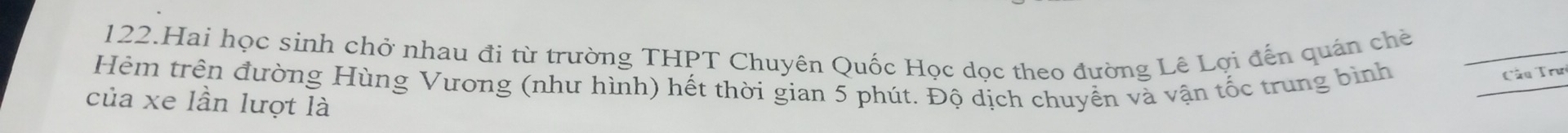 Hai học sinh chở nhau đi từ trường THPT Chuyên Quốc Học dọc theo đường Lê Lợi đến quán chè 
Hèm trên đường Hùng Vương (như hình) hết thời gian 5 phút. Độ dịch chuyển và vận tốc trung bình 
Câu Trư 
của xe lần lượt là