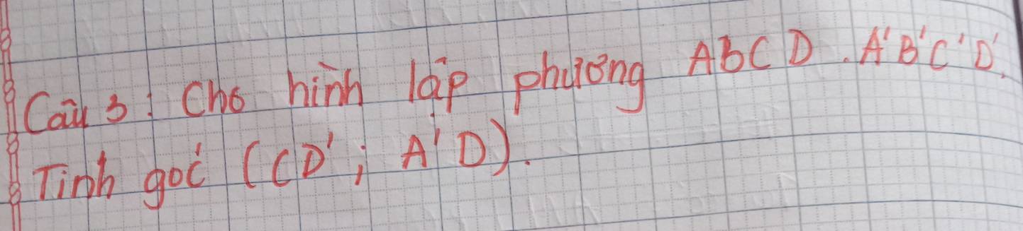 Cau s Ché hinh lep phaong AbCD A'B'C'D'
Tih goc (CD';A'D).