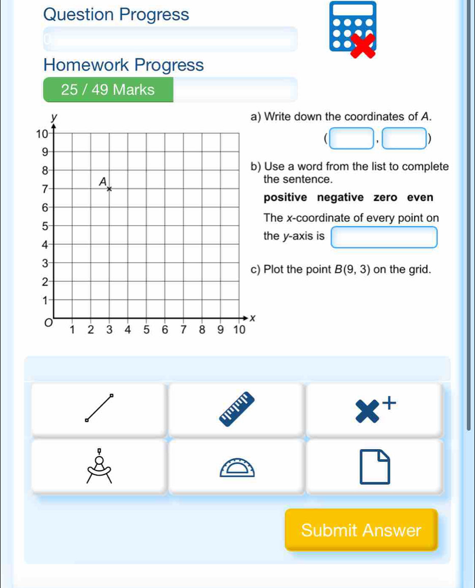 Question Progress
Homework Progress
25 / 49 Marks
Write down the coordinates of A.
(□ ,□ )
Use a word from the list to complete
the sentence.
positive negative zero even
The x-coordinate of every point on
the y-axis is (-3,4)
□  (-3,4)
Plot the point B(9,3) on the grid.
a
x^+
□ 
Submit Answer