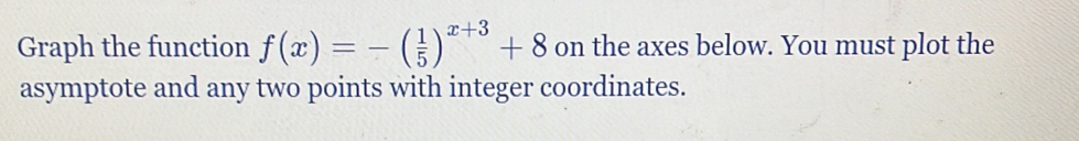 Graph the function f(x)=-( 1/5 )^x+3+8 on the axes below. You must plot the 
asymptote and any two points with integer coordinates.