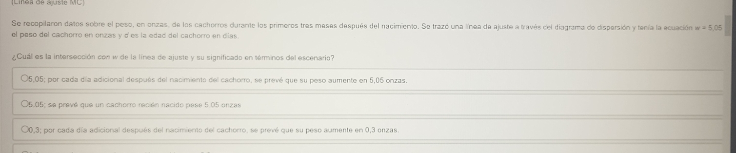 Se recopilaron datos sobre el peso, en onzas, de los cachorros durante los primeros tres meses después del nacimiento. Se trazó una línea de ajuste a través del diagrama de dispersión y tenía la ecuación w=5,05
el peso del cachorro en onzas y d es la edad del cachorro en días
¿Cuál es la intersección con w de la línea de ajuste y su significado en términos del escenario?
O5,05; por cada día adicional después del nacimiento del cachorro, se prevé que su peso aumente en 5,05 onzas.
O5.05; se prevé que un cachorro recién nacido pese 5.05 onzas
O0,3; por cada día adicional después del nacimiento del cachorro, se prevé que su peso aumente en 0,3 onzas.