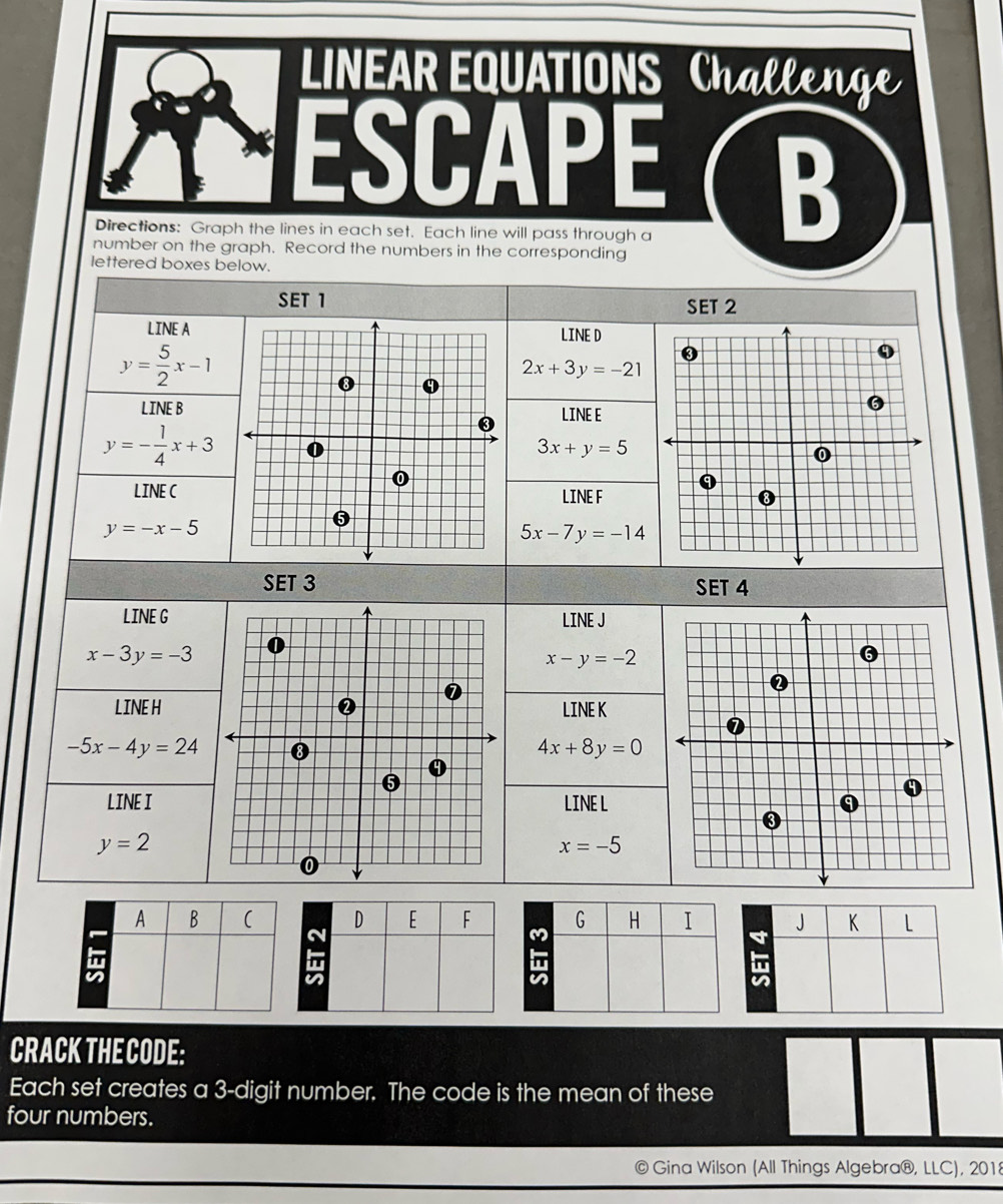 LINEAR EQUATIONS Challen 
ESCAPE ( B 
Directions: Graph the lines in each set. Each line will pass through a 
number on the graph. Record the numbers in the corresponding 
lettered boxes below. 
SET 1 SET 2 
LINE ALINE D
y= 5/2 x-1
2x+3y=-21
LINE BLINE E
y=- 1/4 x+3
3x+y=5
LINE CLINE F
y=-x-5
5x-7y=-14
SET 3 SET 4 
LINE GLINE J
x-3y=-3
x-y=-2
LINE HLINE K
-5x-4y=24
4x+8y=0
LINE ILINE L
y=2
x=-5
CRACK THE CODE: 
Each set creates a 3 -digit number. The code is the mean of these 
four numbers. 
Gina Wilson (All Things Algebra®, LLC), 2018