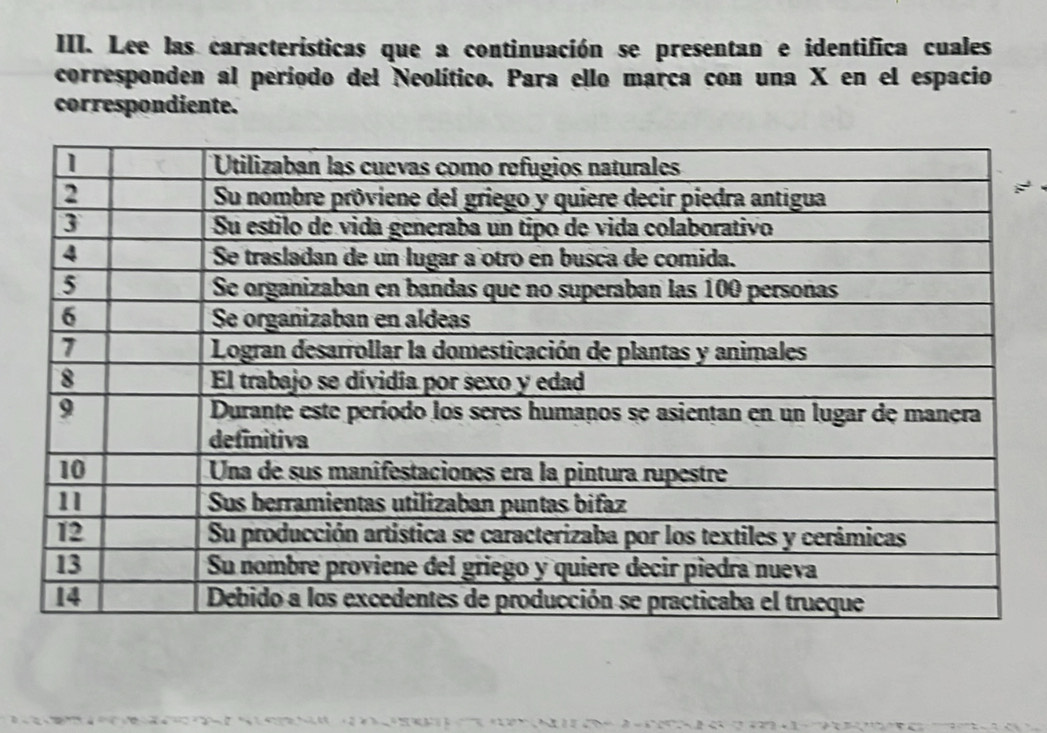 Lee las características que a continuación se presentan e identifica cuales 
corresponden al periodo del Neolítico. Para ello marca con una X en el espacio 
correspondiente.