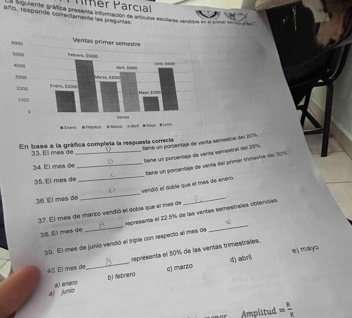 TMer Parcıal
L a siguiente gráfica presenta información de artículos escolares vendidos en el primer s meestr d 
año, responde correctamente las preguntas:
tiene un porcentaje de venta semestral del 20%.
En base a la gráfica completa la respuesta correcta
33. El mes de
_tiene un porcentaje de venta semestral del 25%.
_tiene un porcentaje de venta del primer trimestre del 30%
34. El mes de
35. El mes de
_
_
vendió el doble que el mes de enero.
36. El mes de
_.
37. El mes de marzo vendió el doble que el mes de
38. El mes de _representa el 22.5% de las ventas semestrales obtenidas.
39. El mes de junio vendió el triple con respecto al mes de
representa el 50% de las ventas trimestrales.
d) abril e) mayo
40. El mes de
_
a) enero b) febrero c) marzo
a) junio
Amplitud = R/K 