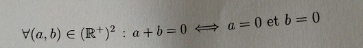 forall (a,b)∈ (R^+)^2:a+b=0 a=0 et b=0