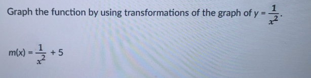 Graph the function by using transformations of the graph of y= 1/x^2 .
m(x)= 1/x^2 +5