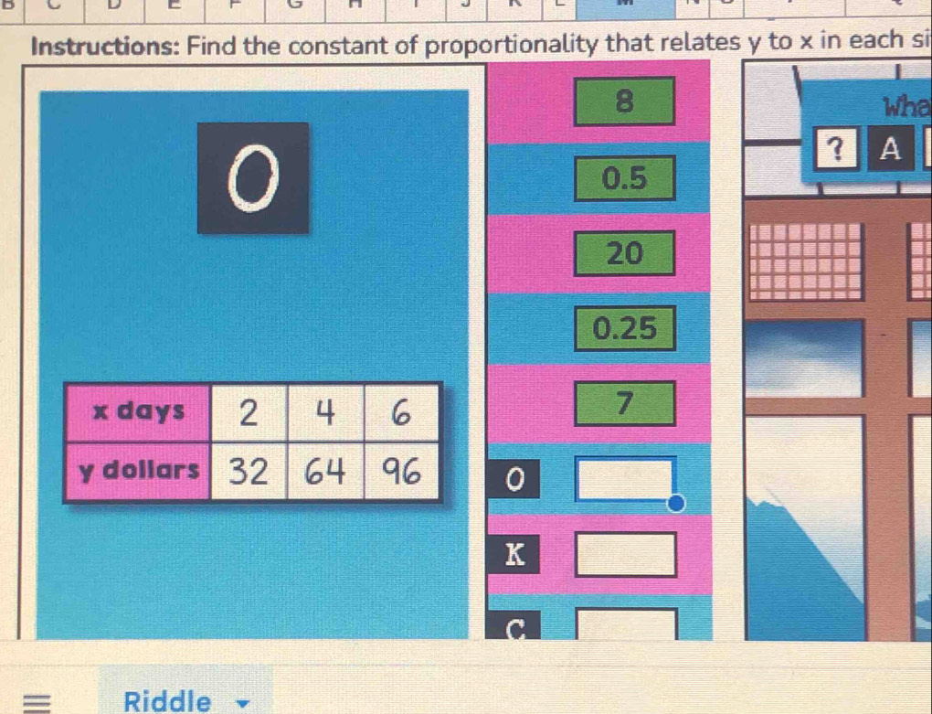 Instructions: Find the constant of proportionality that relates y to x in each si 
8Wha
0
0.5
20
0.25
7
0
K
C 
= Riddle