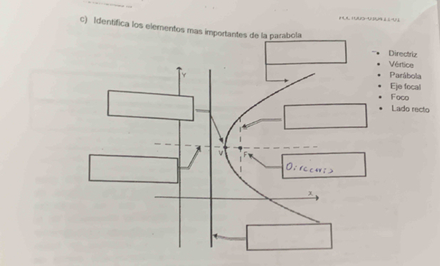 ty 
c) Identifica los elementos mas importante 
Directriz 
Vértice 
Parábola 
Eje focal 
Foco 
Lado recto