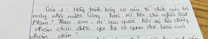 (ai 1: Hay Kinh bāy cò caii tóchii cuā bó 
may whā niòc (óng hoà xāī hēi chù nghiā Diàt 
Nam? Theo em, Qi" sao quói hói sá hói dóng 
whan dan duǒc goi fai cò quan dai bièù cuà 
lhan dain?