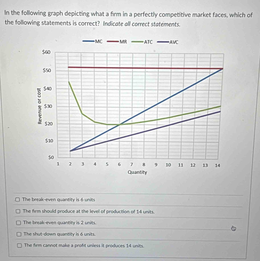 In the following graph depicting what a firm in a perfectly competitive market faces, which of
the following statements is correct? Indicate all correct statements.
MC MR ATC AVC
$60
$50
$40
。 $30
$20
$10
$o
1 2 3 4 5 6 7 8 9 10 11 12 13 14
Quantity
The break-even quantity is 6 units
The firm should produce at the level of production of 14 units.
The break-even quantity is 2 units.
The shut-down quantity is 6 units.
The firm cannot make a proft unless it produces 14 units.