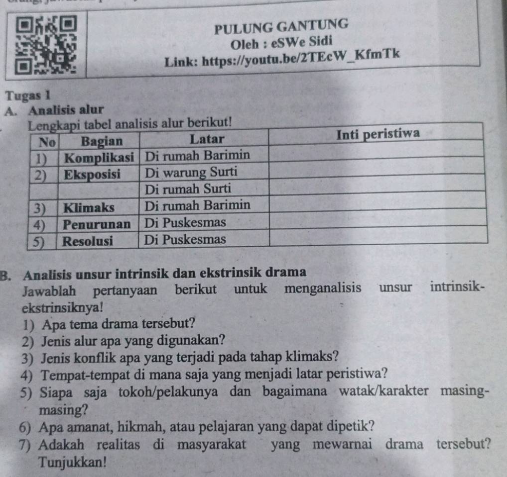 PULUNG GANTUNG 
Oleh : eSWe Sidi 
Link: https://youtu.be/2TEcW_KfmTk 
Tugas 1 
A. Analisis alur 
B. Analisis unsur intrinsik dan ekstrinsik drama 
Jawablah pertanyaan berikut untuk menganalisis unsur intrinsik- 
ekstrinsiknya! 
1) Apa tema drama tersebut? 
2) Jenis alur apa yang digunakan? 
3) Jenis konflik apa yang terjadi pada tahap klimaks? 
4) Tempat-tempat di mana saja yang menjadi latar peristiwa? 
5) Siapa saja tokoh/pelakunya dan bagaimana watak/karakter masing- 
masing? 
6) Apa amanat, hikmah, atau pelajaran yang dapat dipetik? 
7) Adakah realitas di masyarakat yang mewarnai drama tersebut? 
Tunjukkan!