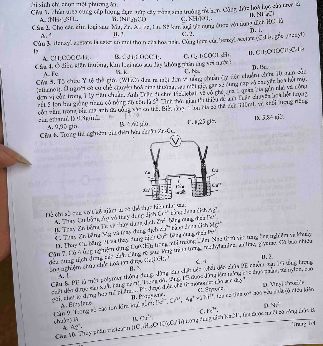 thí sinh chỉ chọn một phương án.
Câu 1. Phân urea cung cấp lượng đạm giúp cây trồng sinh trưởng tốt hơn. Công thức hoá học của urea là
D. NH₄Cl.
A. (NH_4)_2SO_4. B. (NH_2)_2CO. C. NH_4NO_3.
Câu 2. Cho các kim loại sau: Mg, Zn, Al, Fe, Cu. Số kim loại tác dụng được với dung dịch HCl là
A. 4 B. 3. C. 2. D. 1.
Câu 3. Benzyl acetate là ester có mùi thơm của hoa nhài. Công thức của benzyl acetate (C₆H₅: gốc phenyl)
là
A. CB H_3 COOC_6H 5. B. C₆H₅COOCH₃. C. C_2H_5COOC_6H_5. D. CH_3COOCH_2C_6H_5
Câu 4. Ở điều kiện thường, kim loại nào sau đây không phản ứng với nước?
A. Fe. B. K. C. Na. D. Ba.
Câu 5. Tổ chức Y tế thế giới (WHO) đưa ra một đơn vị uống chuẩn (ly tiêu chuẩn) chứa 10 gam cồn
(ethanol). Ở người có cơ chế chuyền hoá bình thường, sau một giờ, gan sẽ dung nạp và chuyềển hoá hết một
đơn vị cồn trong 1 ly tiêu chuẩn. Anh Tuấn đi chơi Pickleball về có ghé qua 1 quán bia gần nhà và uống
hết 5 lon bia giống nhau có nồng độ cồn là 5^0. Tính thời gian tối thiểu để anh Tuấn chuyển hoá hết lượng
cồn nằm trong bia mà anh đã uống vào cơ thể. Biết răng: 1 lon bia có thể tích 330mL và khối lượng riêng
của ethanol là 0,8g/mL. D. 5,84 giờ.
A. 9,90 giờ. B. 6,60 giờ. C. 8,25 giờ.
Câu 6. Trong thí nghiệm pin điện hóa chuẩn Zn-Cu.
Để chỉ số của volt kế giảm ta có thể thực hiện như sau:
A. Thay Cu bằng Ag và thay dung dịch Cu^(2+) bằng dung dịch Ag^+
B. Thay Zn bằng Fe và thay dung dịch Zn^(2+) bằng dung dịch Fe^(2+).
C. Thay Zn bằng Mg và thay dung dịch Zn^(2+) bằng dung dịch Mg^(2+)
D. Thay Cu bằng Pt và thay dung dịch Cu^(2+) bằng dung dịch Pt^(2+)
Câu 7. Có 4 ống nghiệm đựng Cu(OH)_2 2 trong môi trường kiểm. Nhỏ từ từ vào từng ống nghiệm và khuấy
đều dung dịch dựng các chất riêng rẽ sau: lòng trắng trứng, methylamine, aniline, glycine. Có bao nhiêu
ống nghiệm chứa chất hoà tan được Cu(OH)_2 ?
C. 4 D. 2.
B. 3.
Câu 8. PE là một polymer thông dụng, dùng làm chất dẻo (chất dẻo chứa PE chiếm gần 1/3 tổng lượng
A. 1.
chất dẻo được sản xuất hàng năm). Trong đời sống, PE được dùng làm màng bọc thực phẩm, túi nylon, bao
C. Styrene. D. Vinyl chroride.
gói, chai lọ đựng hoá mĩ phẩm,... PE được điều chế từ monomer nào sau đây?
A. Ethylene. B. Propylene.
Câu 9. Trong số các ion kim loại gồm: Fe^(2+),Cu^(2+),Ag^+ và Ni^(2+) T, ion có tính oxi hóa yếu nhất (ở điều kiện
D. Ni^(2+).
C. Fe^(2+).
chuẩn) là B. ((C_17H_35COO)_3C_3H_5) trong dung dịch NaOH, thu được muối có công thức là
Cu^(2+).
A. Ag^+.
Trang 1/4
Câu 10. Thủy phân tristearin