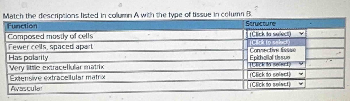 pe of tissue in column B.