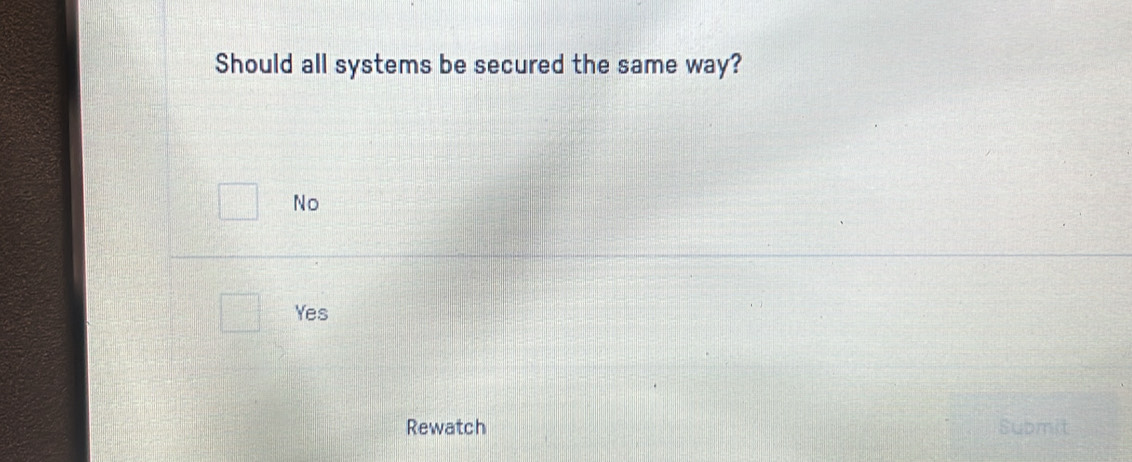 Should all systems be secured the same way?
No
Yes
Rewatch