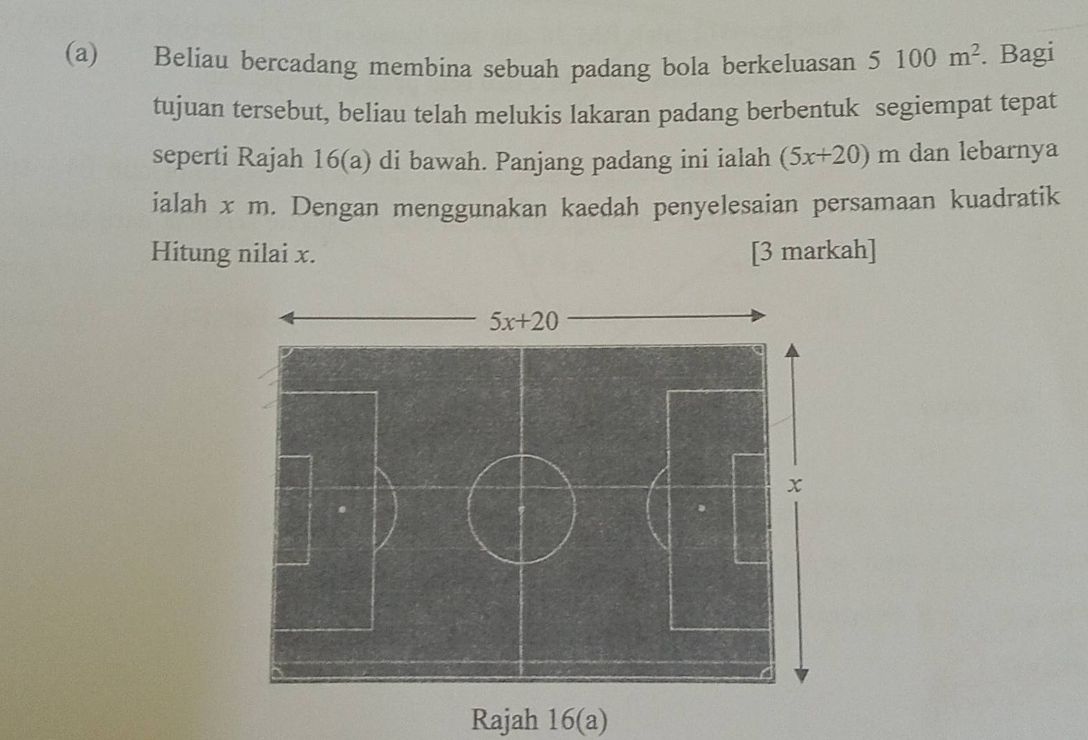 Beliau bercadang membina sebuah padang bola berkeluasan 5100m^2. Bagi
tujuan tersebut, beliau telah melukis lakaran padang berbentuk segiempat tepat
seperti Rajah 16(a) di bawah. Panjang padang ini ialah (5x+20)m dan lebarnya
ialah x m. Dengan menggunakan kaedah penyelesaian persamaan kuadratik
Hitung nilai x. [3 markah]