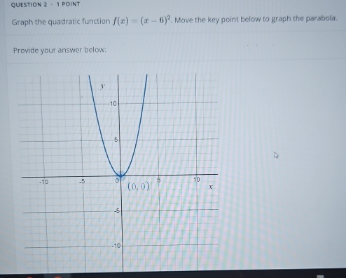 Graph the quadratic function f(x)=(x-6)^2. Move the key point below to graph the parabola.
Provide your answer below: