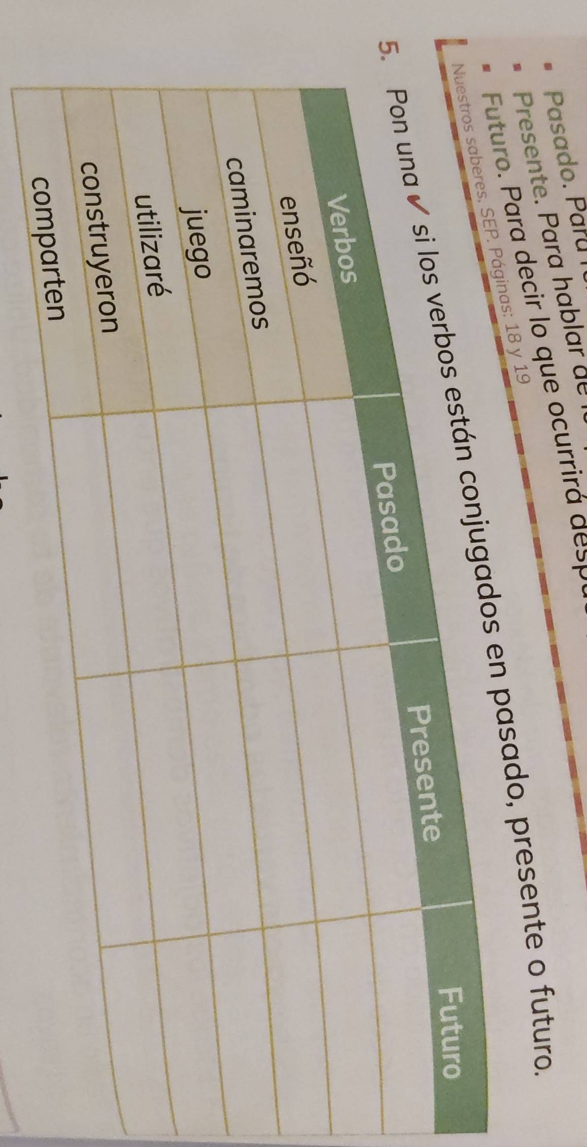 Pasado. Paru 
Presente. ara h a a 
. Para decir lo que ocurrirá desP 
s: 18 y 19
asado, presente o futuro