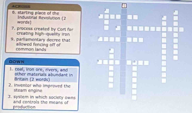 ACRONS 
2 
6. starting place of the 
Industrial Revolution (2 
words) 
7. process created by Cort for 
creating high-quality iron 
9. parliamentary decree that 
allowed fencing off of 
common lands 
DOWN 
10 
1. coal, Iron ore, rivers, and 
other materials abundant in 
Britain (2 words) 
2. Inventor who improved the 
steam engine 
3. system in which society owns 
and controls the means of 
production