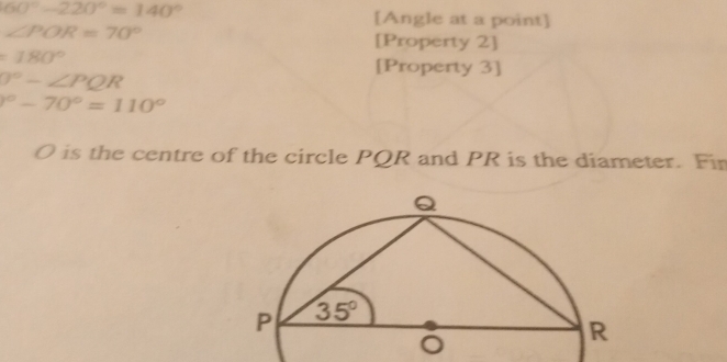 60°-220°=140°
[Angle at a point]
∠ POR=70°
[Property 2]
=180°
0°-∠ PQR
[Property 3]
^circ -70°=110°
O is the centre of the circle PQR and PR is the diameter. Fin