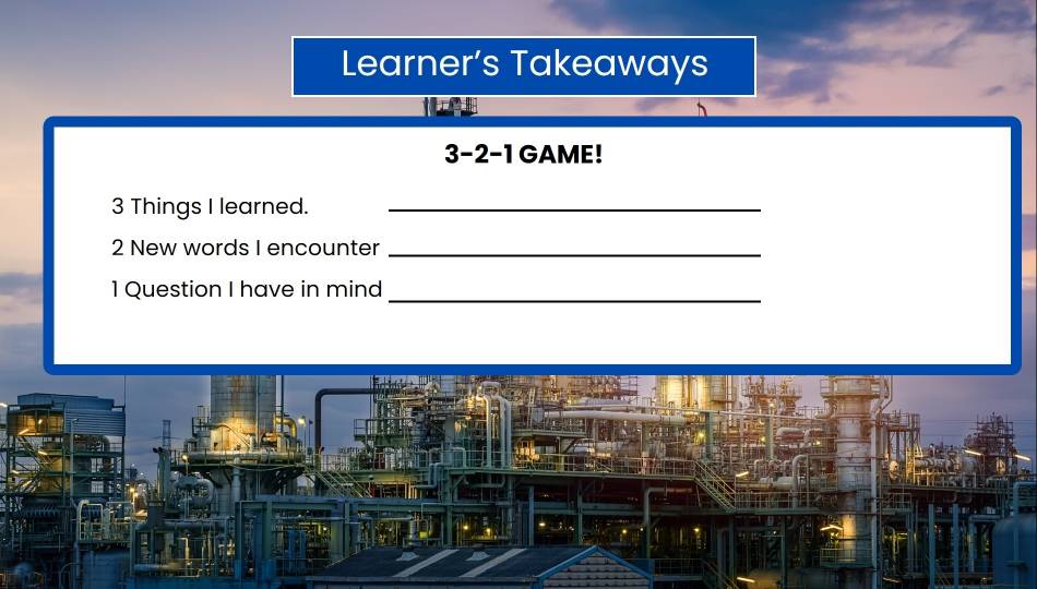 Learner’s Takeaways 
3-2-1 GAME! 
3 Things I learned._ 
2 New words I encounter_ 
1 Question I have in mind 
_