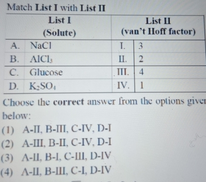 Match List I with List II
Choose the correct answer from the options giver
below:
(1) A-II, B-III, C-IV, D-I
(2) A-III, B-II, C-IV, D-I
(3) A-II, B-I, C-III, D-IV
(4) A-II, B-III, C-I, D-IV