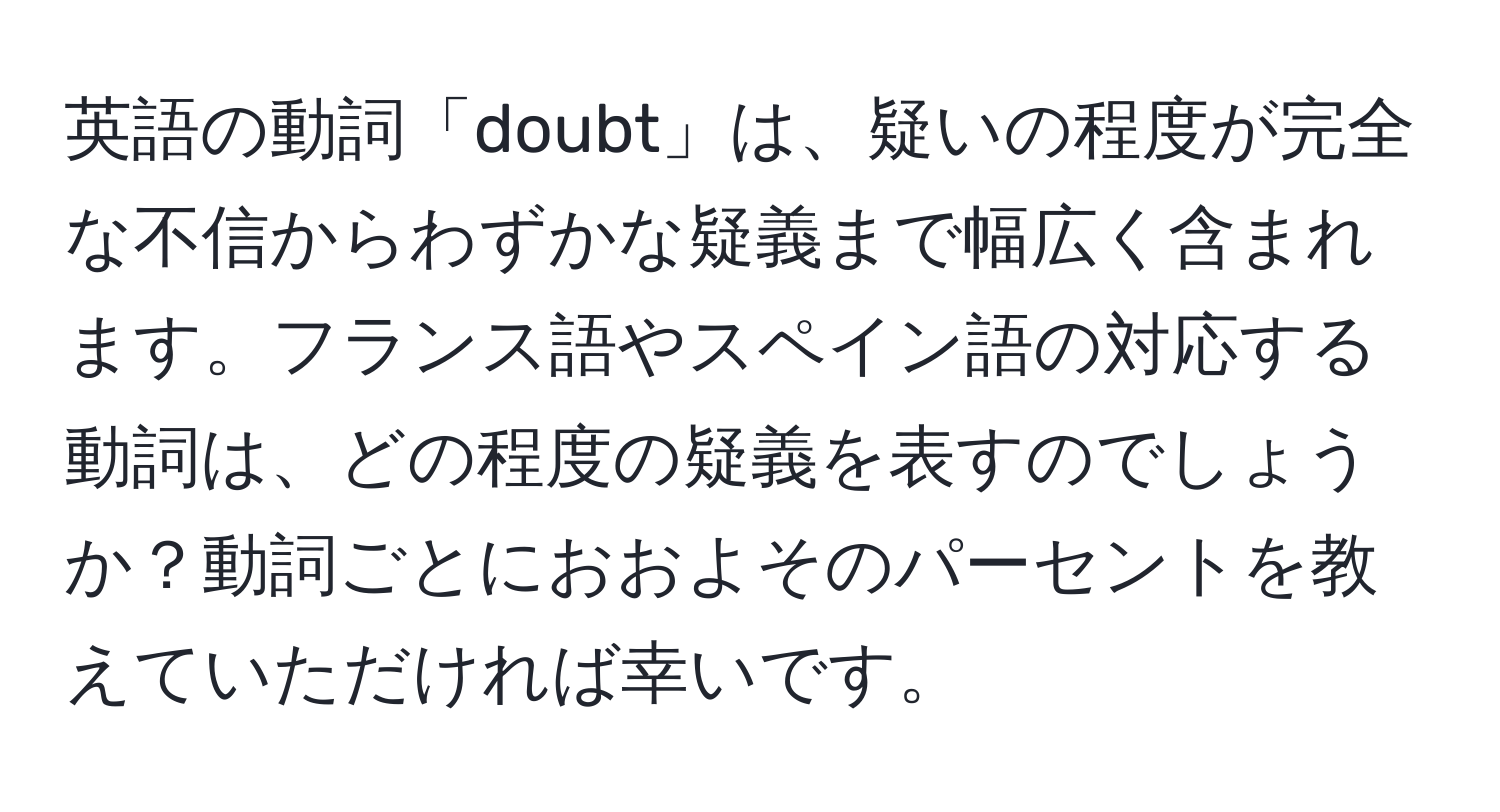 英語の動詞「doubt」は、疑いの程度が完全な不信からわずかな疑義まで幅広く含まれます。フランス語やスペイン語の対応する動詞は、どの程度の疑義を表すのでしょうか？動詞ごとにおおよそのパーセントを教えていただければ幸いです。