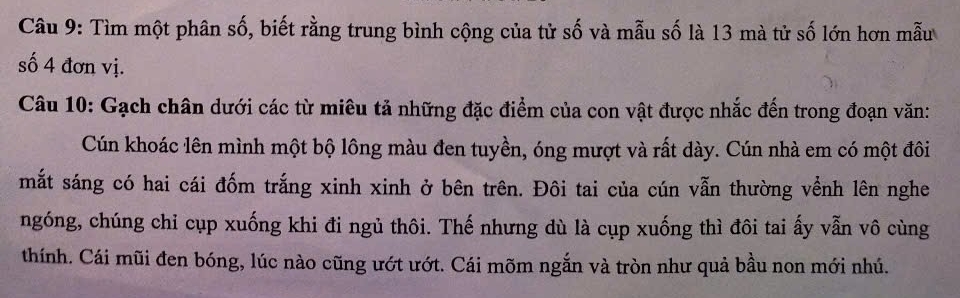 Tìm một phân số, biết rằng trung bình cộng của tử số và mẫu số là 13 mà tử số lớn hơn mẫu 
số 4 đơn vị. 
Câu 10: Gạch chân dưới các từ miêu tả những đặc điểm của con vật được nhắc đến trong đoạn văn: 
Cún khoác lên mình một bộ lông màu đen tuyền, óng mượt và rất dày. Cún nhà em có một đôi 
mắt sáng có hai cái đốm trắng xinh xinh ở bên trên. Đôi tai của cún vẫn thường vềnh lên nghe 
ngóng, chúng chỉ cụp xuống khi đi ngủ thôi. Thế nhưng dù là cụp xuống thì đôi tai ấy vẫn vô cùng 
thính. Cái mũi đen bóng, lúc nào cũng ướt ướt. Cái mõm ngắn và tròn như quả bầu non mới nhú.