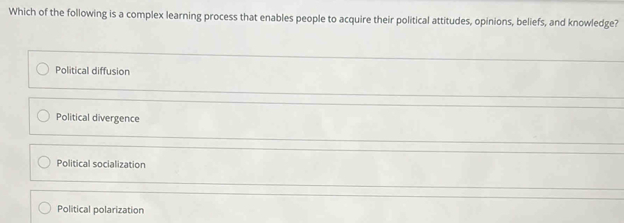 Which of the following is a complex learning process that enables people to acquire their political attitudes, opinions, beliefs, and knowledge?
Political diffusion
Political divergence
Political socialization
Political polarization