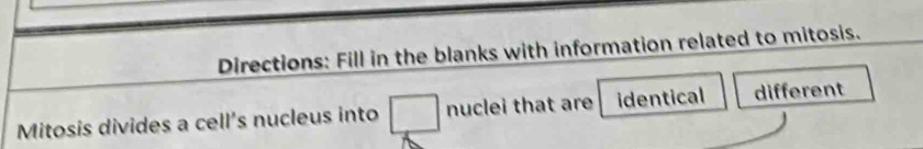 Directions: Fill in the blanks with information related to mitosis. 
Mitosis divides a cell’s nucleus into nuclei that are identical different