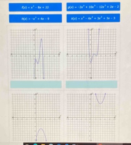 f(x)=x^2-8x+22 g(x)=-2x^4+12x^2-12x^2+2x=2
h(x)=-x^2+4x-9 k(x)=x^4-4x^3+3x^2+3x-3