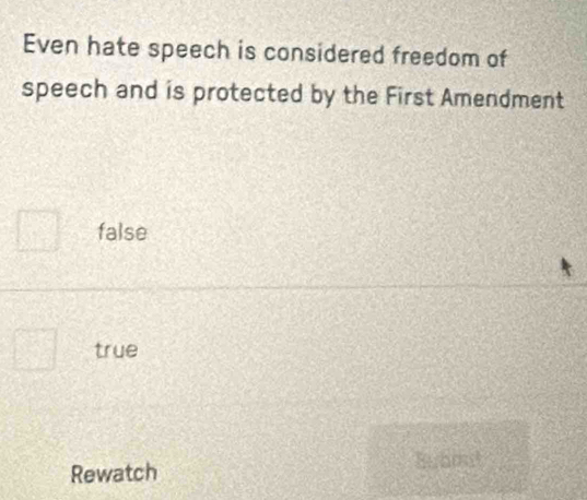 Even hate speech is considered freedom of
speech and is protected by the First Amendment
false
true
Rewatch Bubmat