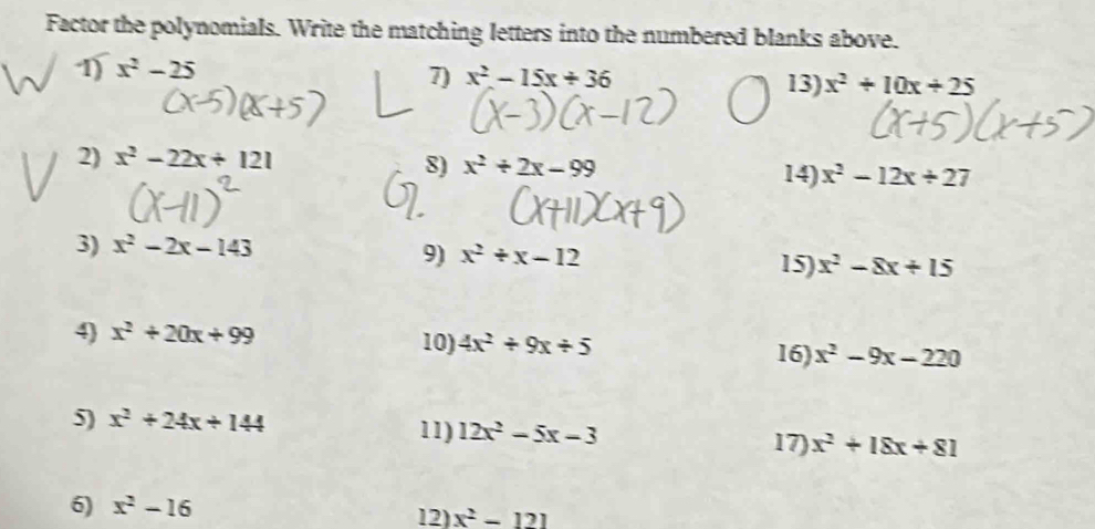 Factor the polynomials. Write the matching letters into the numbered blanks above. 
1) x^2-25
7) x^2-15x+36 13) x^2+10x+25
2) x^2-22x+121
8) x^2+2x-99 14) x^2-12x/ 27
9) x^2+x-12
3) x^2-2x-143 15) x^2-8x+15
4) x^2+20x+99 10) 4x^2+9x/ 5 x^2-9x-220
16) 
5) x^2+24x+144
11) 12x^2-5x-3
17) x^2+18x+81
6) x^2-16 12) x^2-121